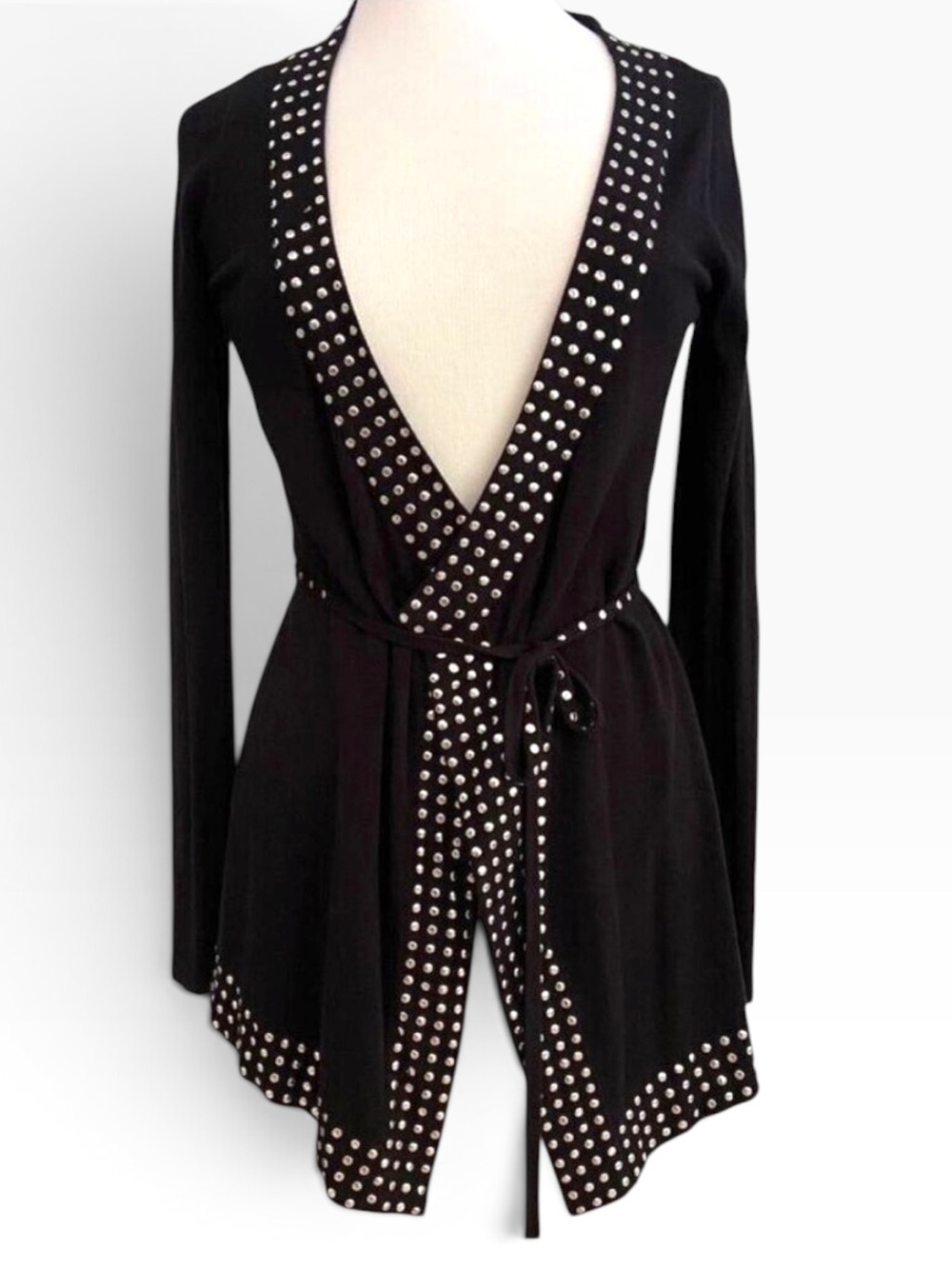 Danier Black Studded Cardigan With Belt Long Sleeve Open Front Womens XS